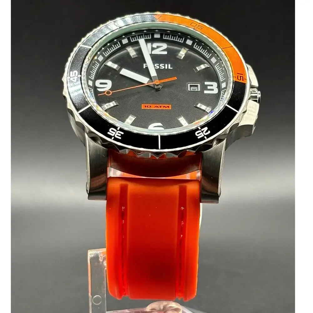 Fossil Sport AM4259 Dive Style Orange Silicone Strap Men’s Watch 46mm 10 ATM NIB